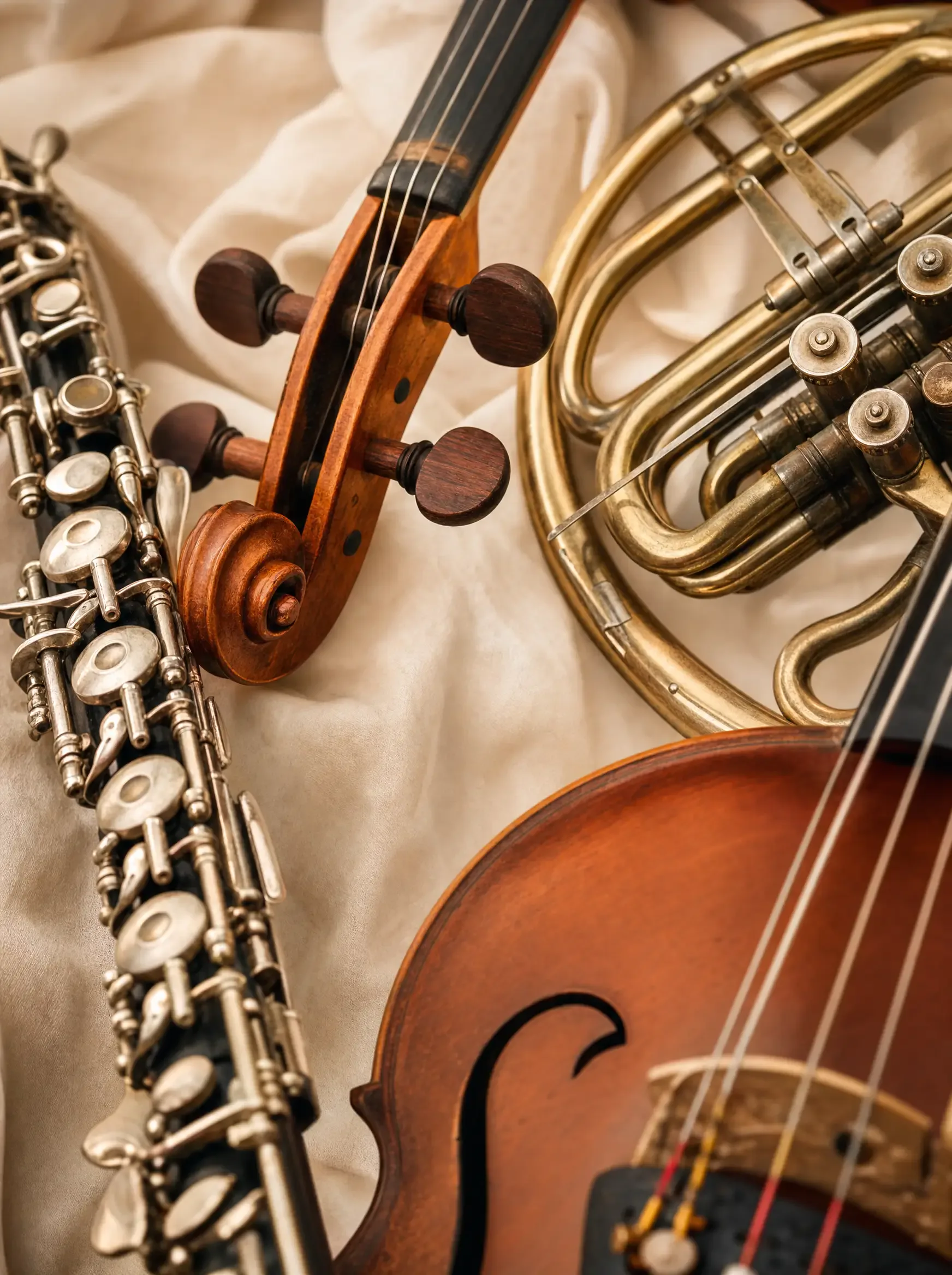 Macro still life of orchestral instrument details — violin scroll, oboe keys, horn valves — on cream cloth.